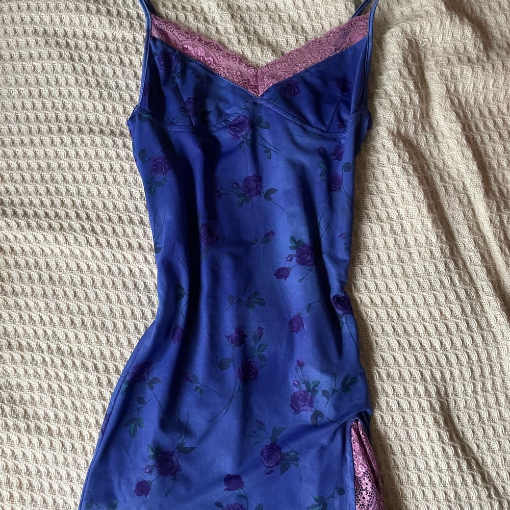 Motel Rocks Blue and Purple Slip Dress with Floral Design